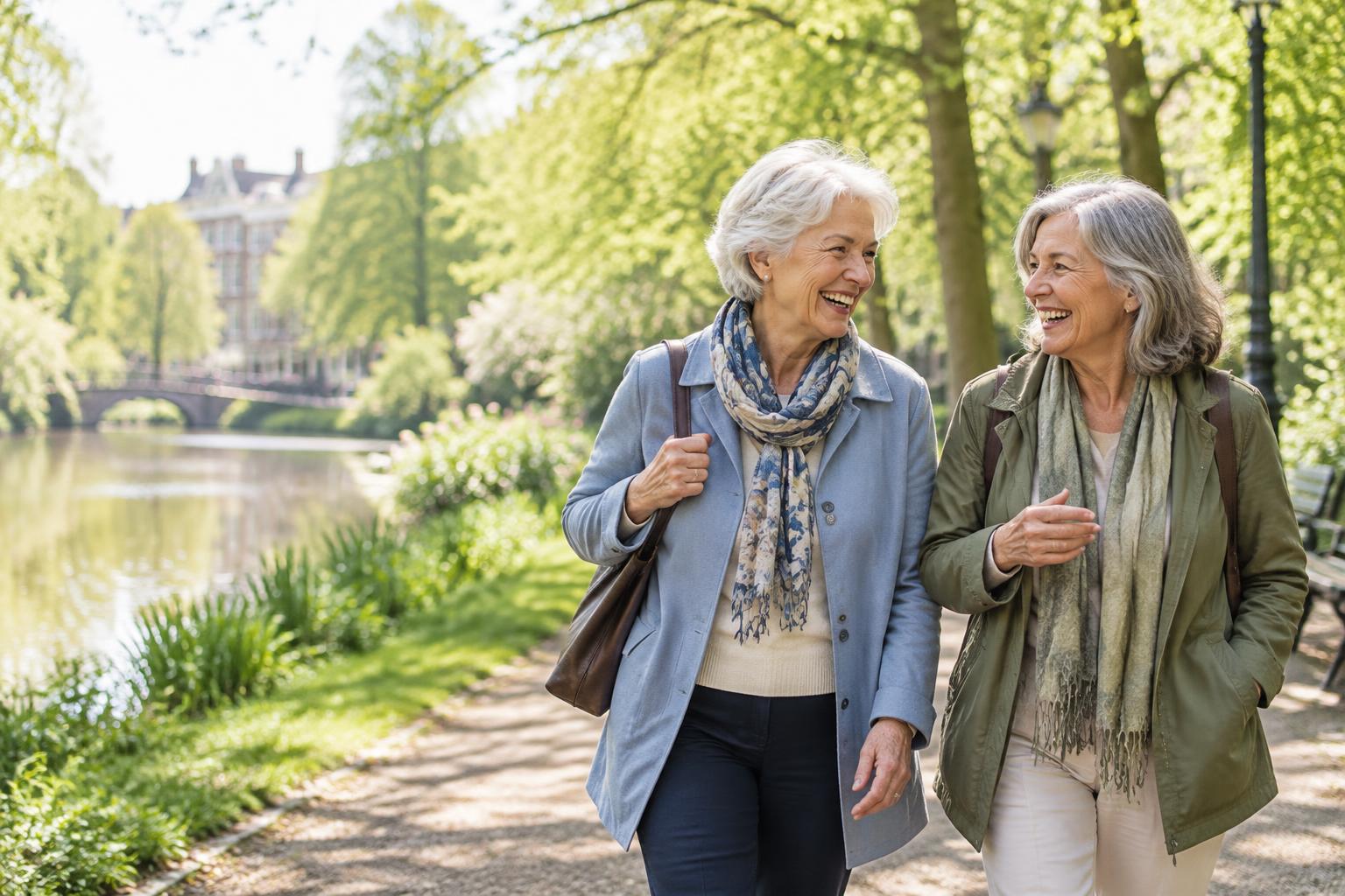Twee vrouwen wandelen samen in het park